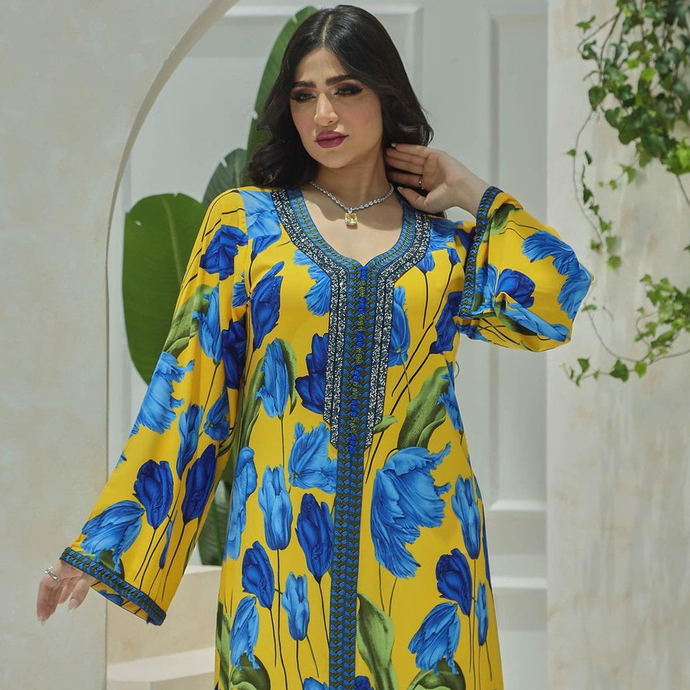 Elegant Style Sweet V-neck Color Contrast Printing Ribbon Flared Sleeve Kaftan