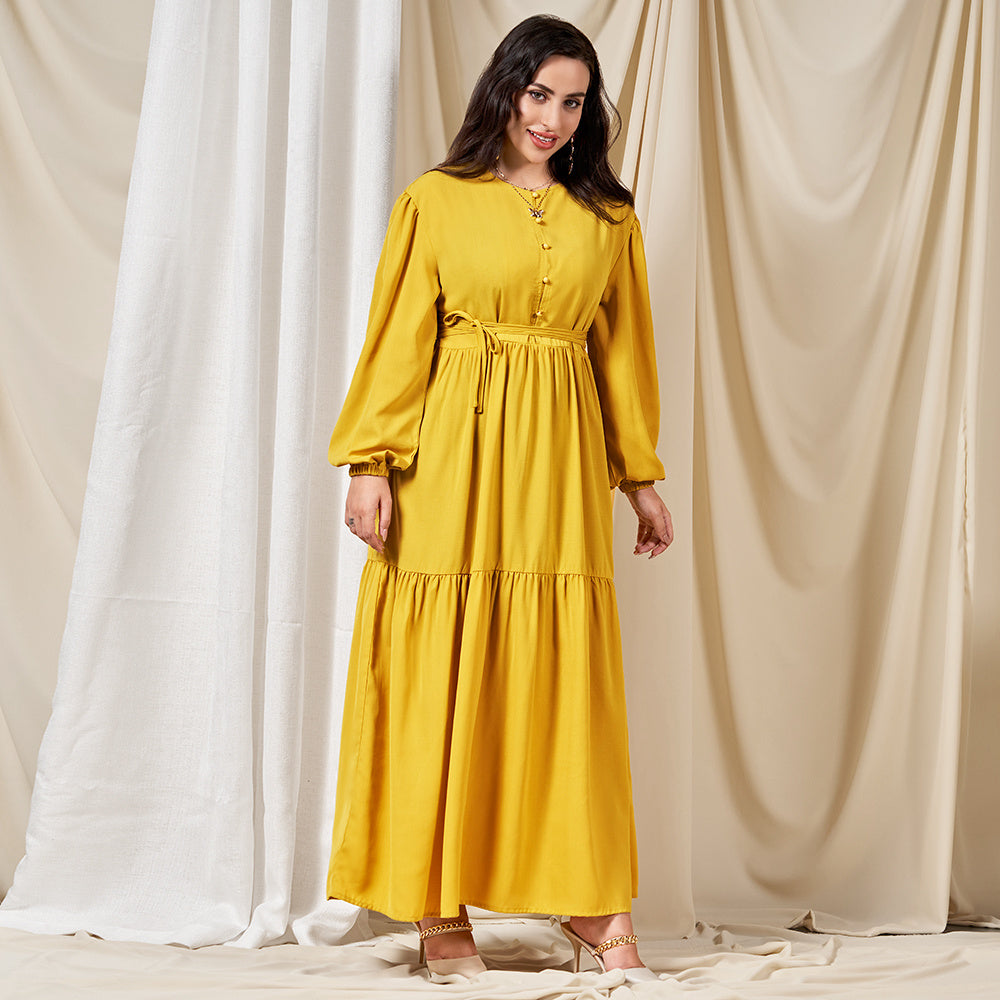 Classical Round Neck Solid Color Belt Buttons Regular Sleeve Long Dresses