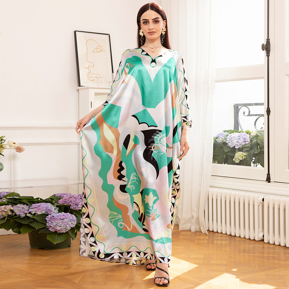 Elegant Style V-neck Color Contrast Printing Abstract Split Fork Irregular Regular Sleeve Kaftan