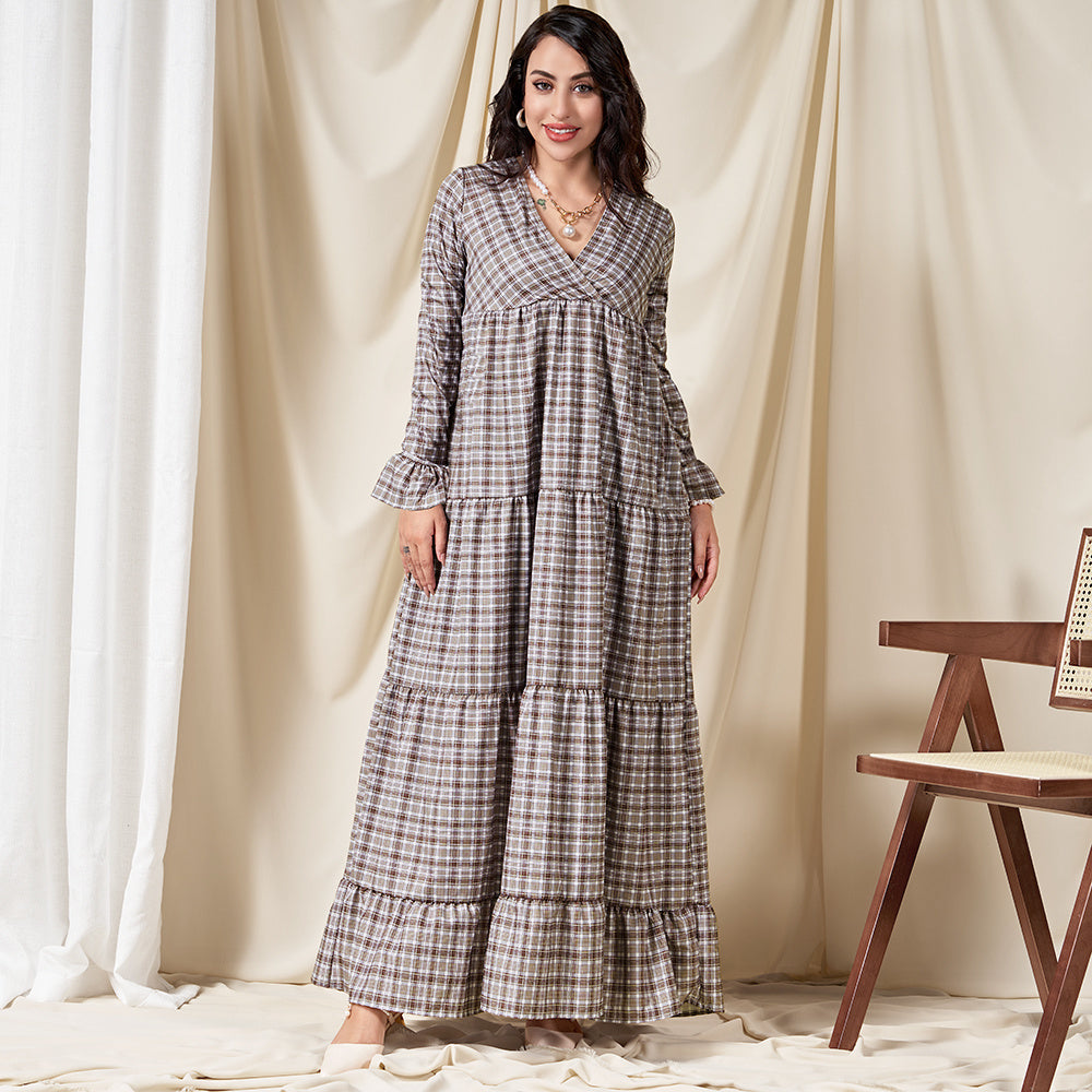 Classical V-neck Plaid Splicing Flared Sleeve Long Dresses Coffee