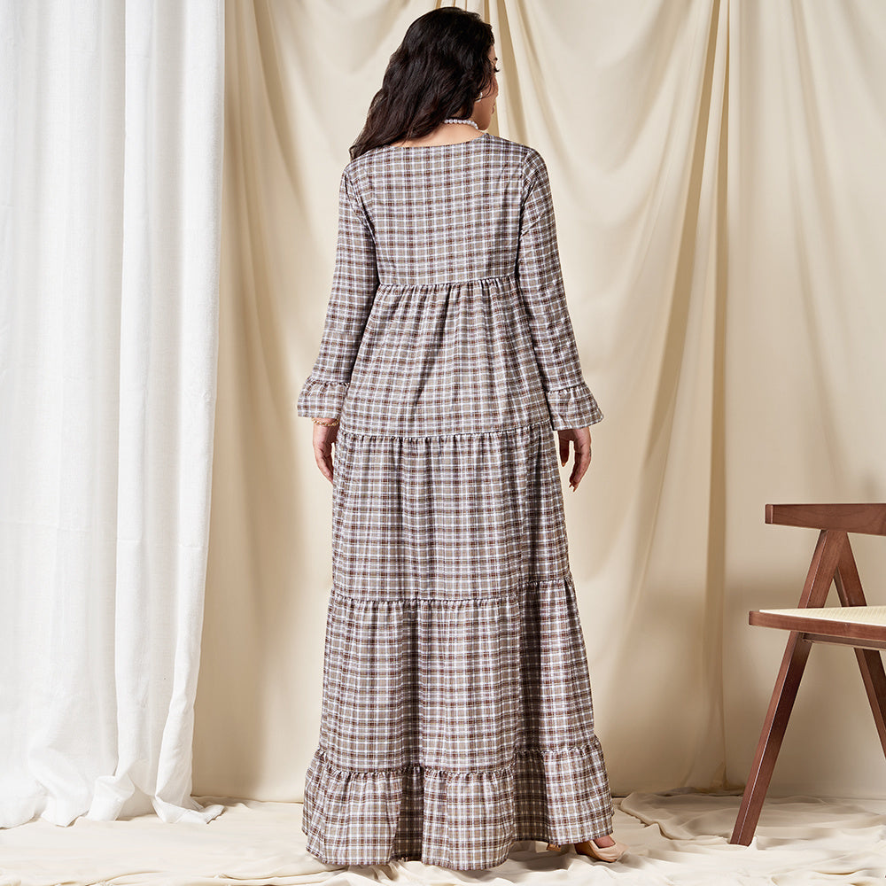 Classical V-neck Plaid Splicing Flared Sleeve Long Dresses Coffee