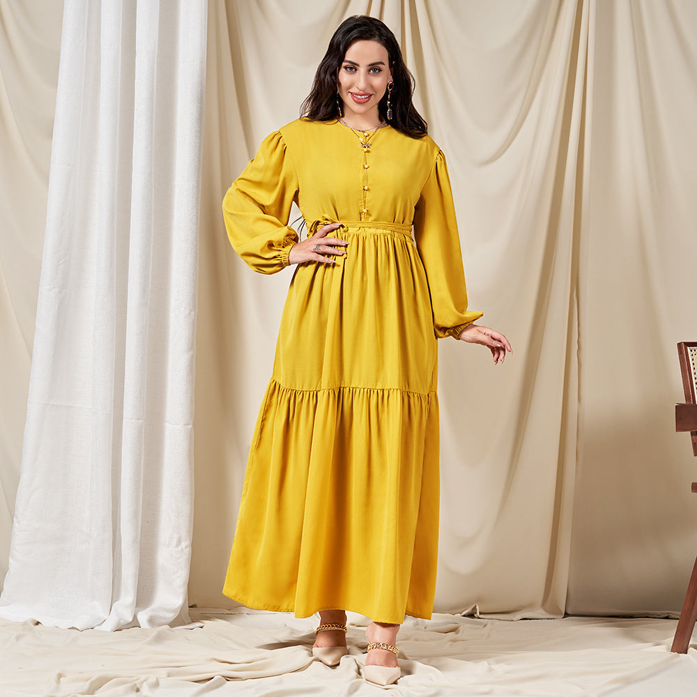 Classical Round Neck Solid Color Belt Buttons Regular Sleeve Long Dresses