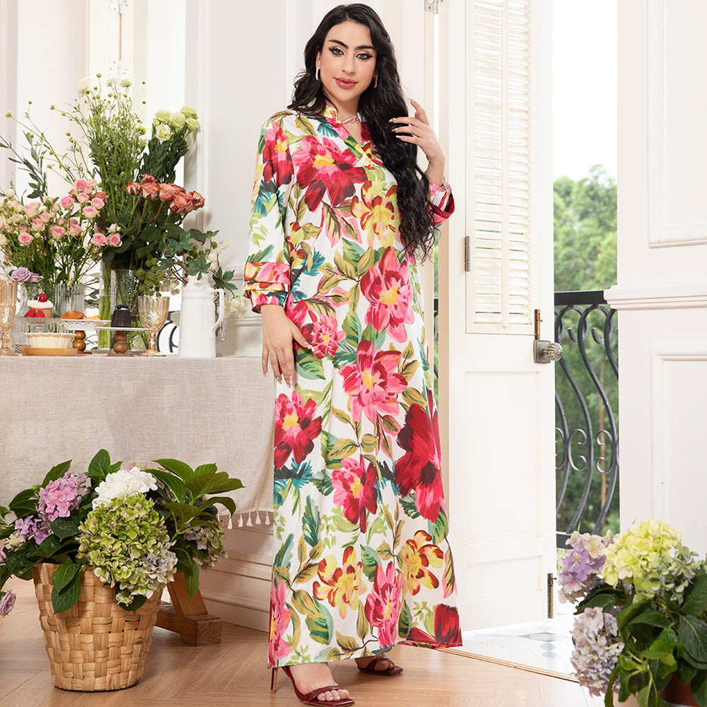 Holiday Style Elegant Style V-neck Flowers Plant Flared Sleeve Long Dresses