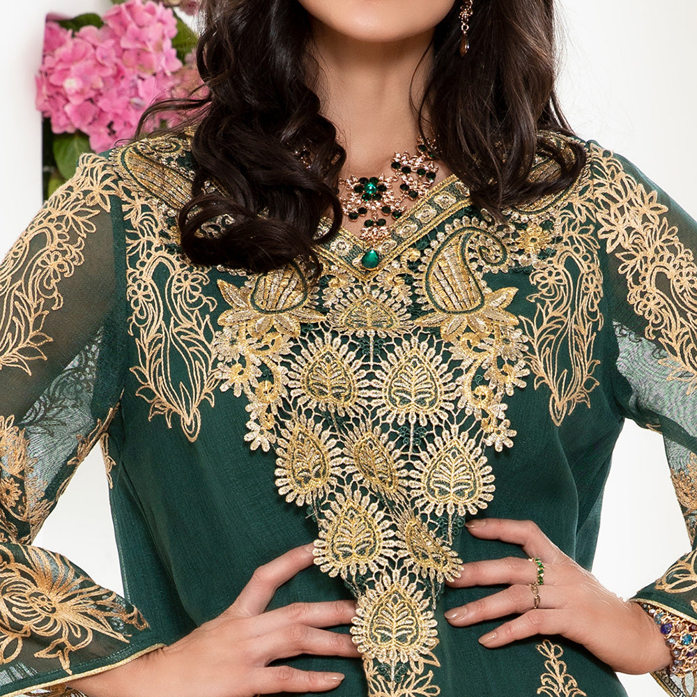 Celebrity Style Elegant Style V-neck Jacquard Flowers Luster Embroidery Applique Flared Sleeve Kaftan