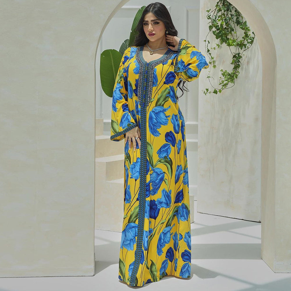 Elegant Style Sweet V-neck Color Contrast Printing Ribbon Flared Sleeve Kaftan