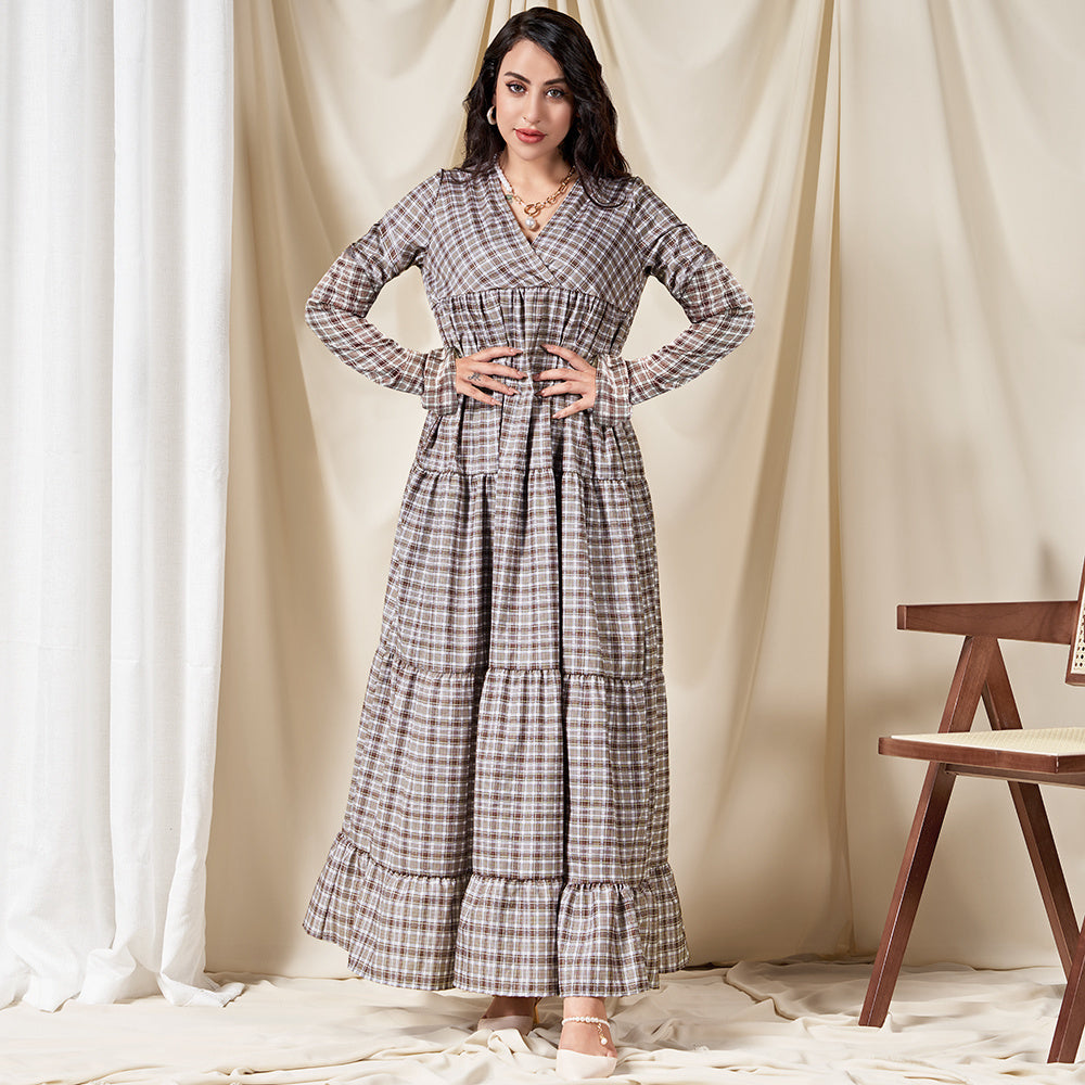 Classical V-neck Plaid Splicing Flared Sleeve Long Dresses Coffee