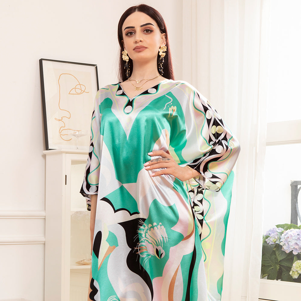 Elegant Style V-neck Color Contrast Printing Abstract Split Fork Irregular Regular Sleeve Kaftan