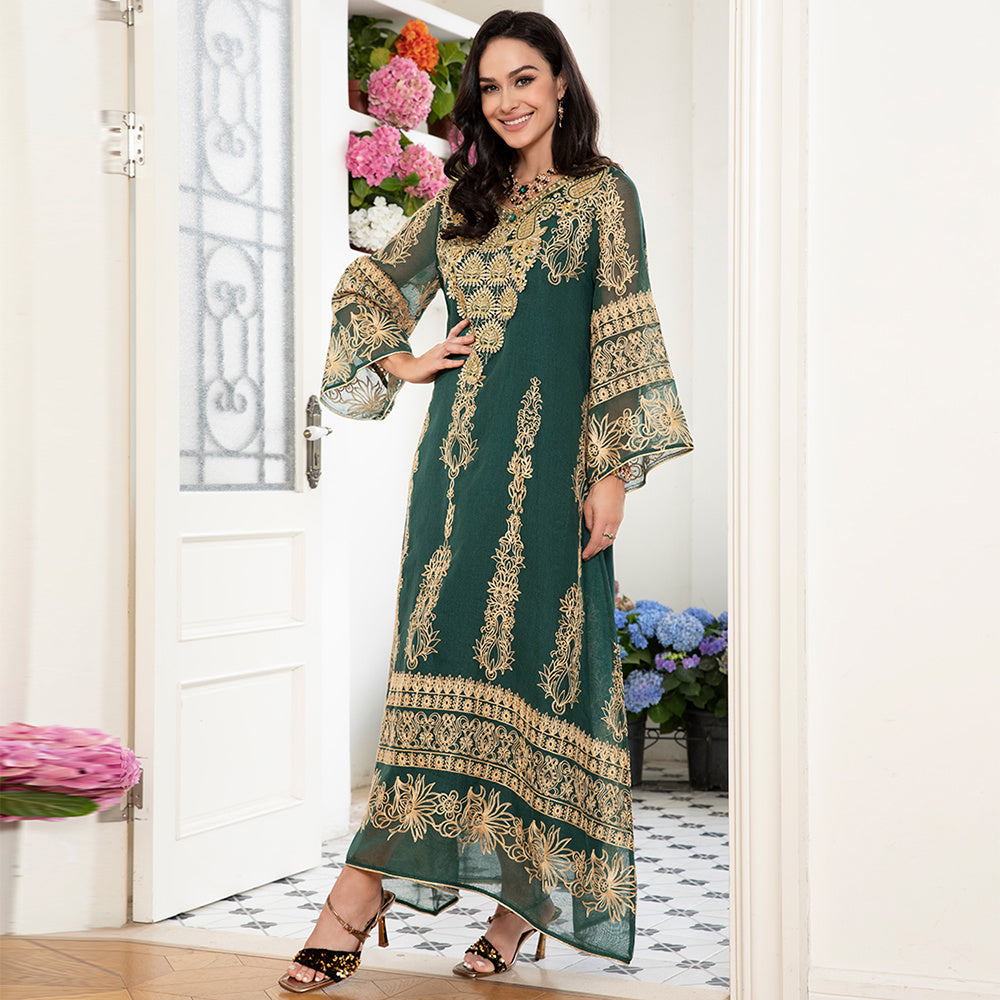 Celebrity Style Elegant Style V-neck Jacquard Flowers Luster Embroidery Applique Flared Sleeve Kaftan