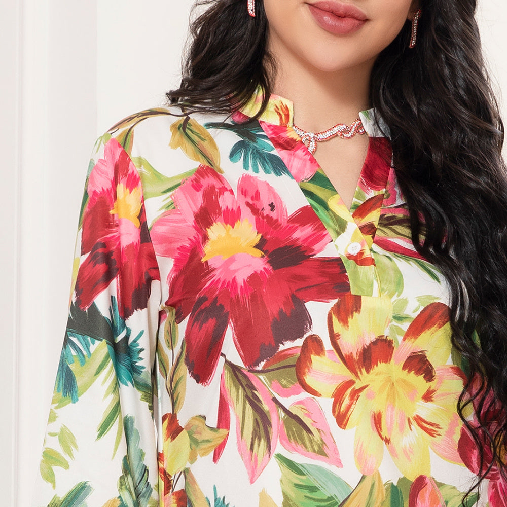 Holiday Style Elegant Style V-neck Flowers Plant Flared Sleeve Long Dresses