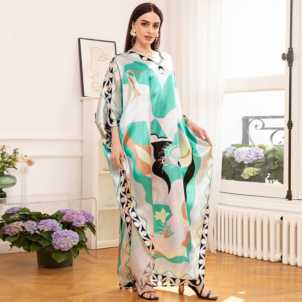 Elegant Style V-neck Color Contrast Printing Abstract Split Fork Irregular Regular Sleeve Kaftan