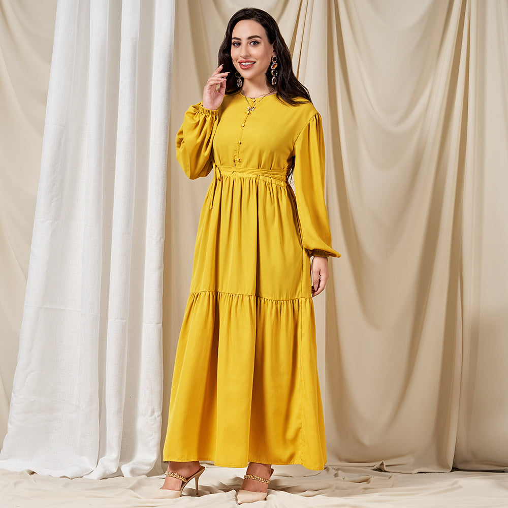 Classical Round Neck Solid Color Belt Buttons Regular Sleeve Long Dresses