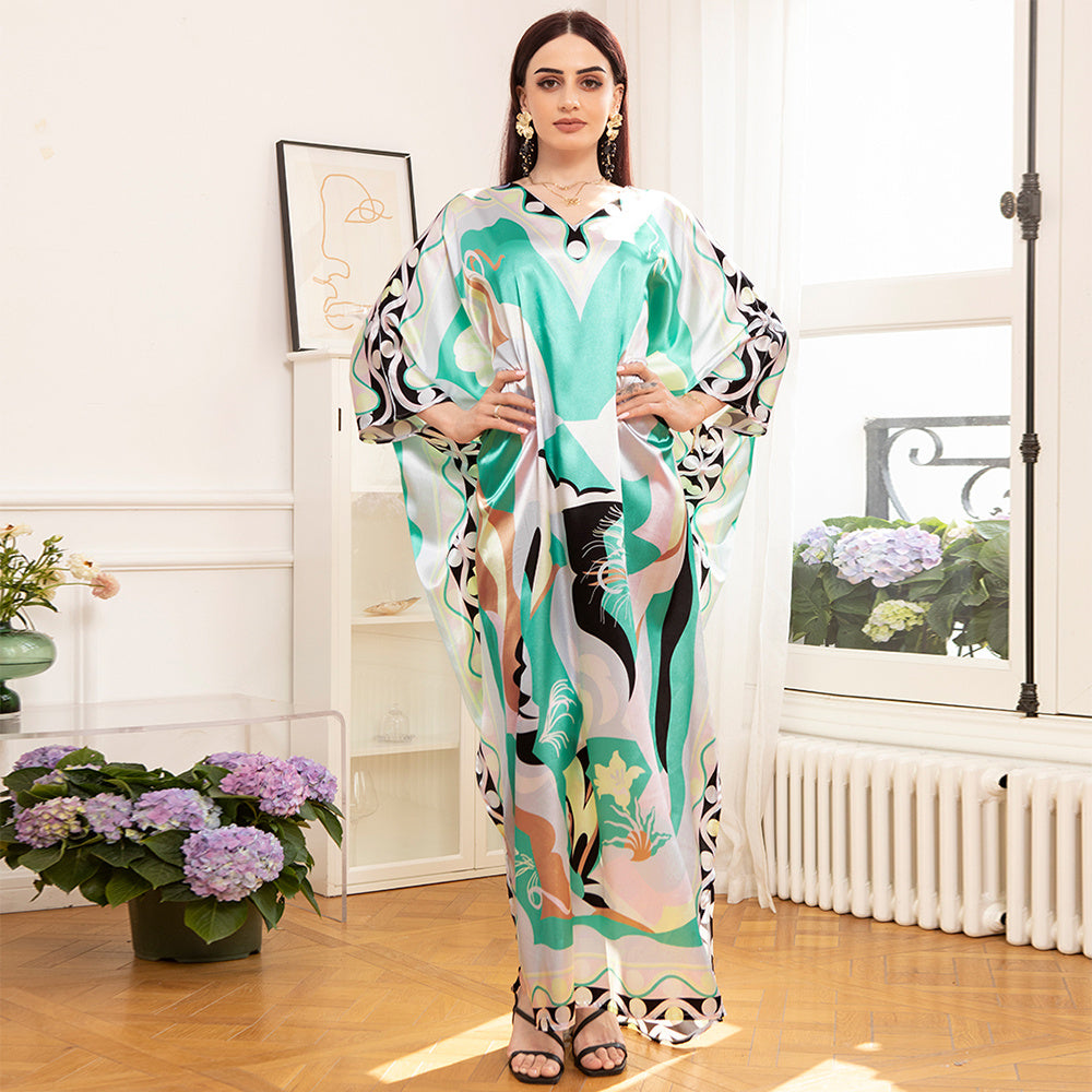 Elegant Style V-neck Color Contrast Printing Abstract Split Fork Irregular Regular Sleeve Kaftan