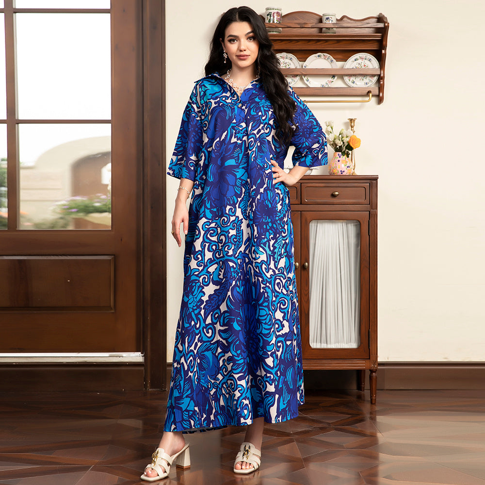 Holiday Style Lapel Flowers Pocket Buttons Regular Sleeve Long Dresses