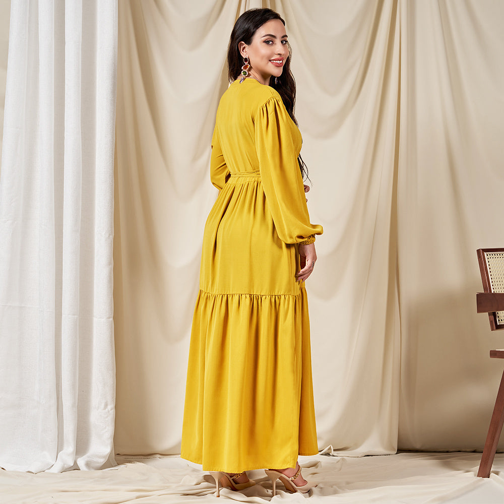 Classical Round Neck Solid Color Belt Buttons Regular Sleeve Long Dresses