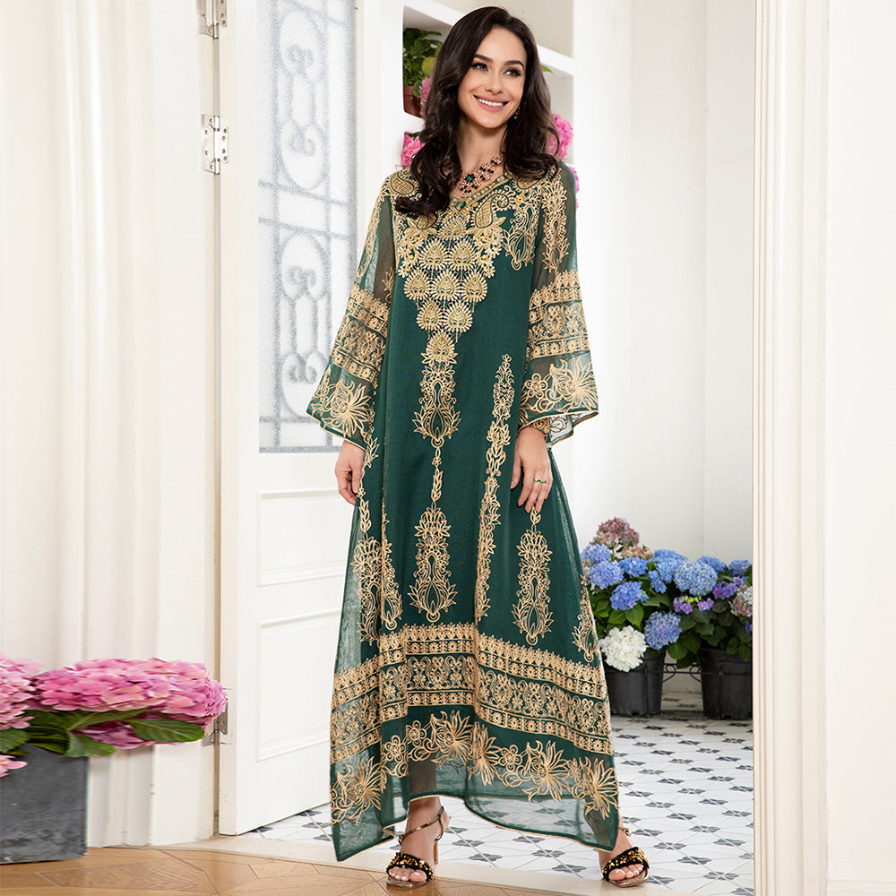 Celebrity Style Elegant Style V-neck Jacquard Flowers Luster Embroidery Applique Flared Sleeve Kaftan