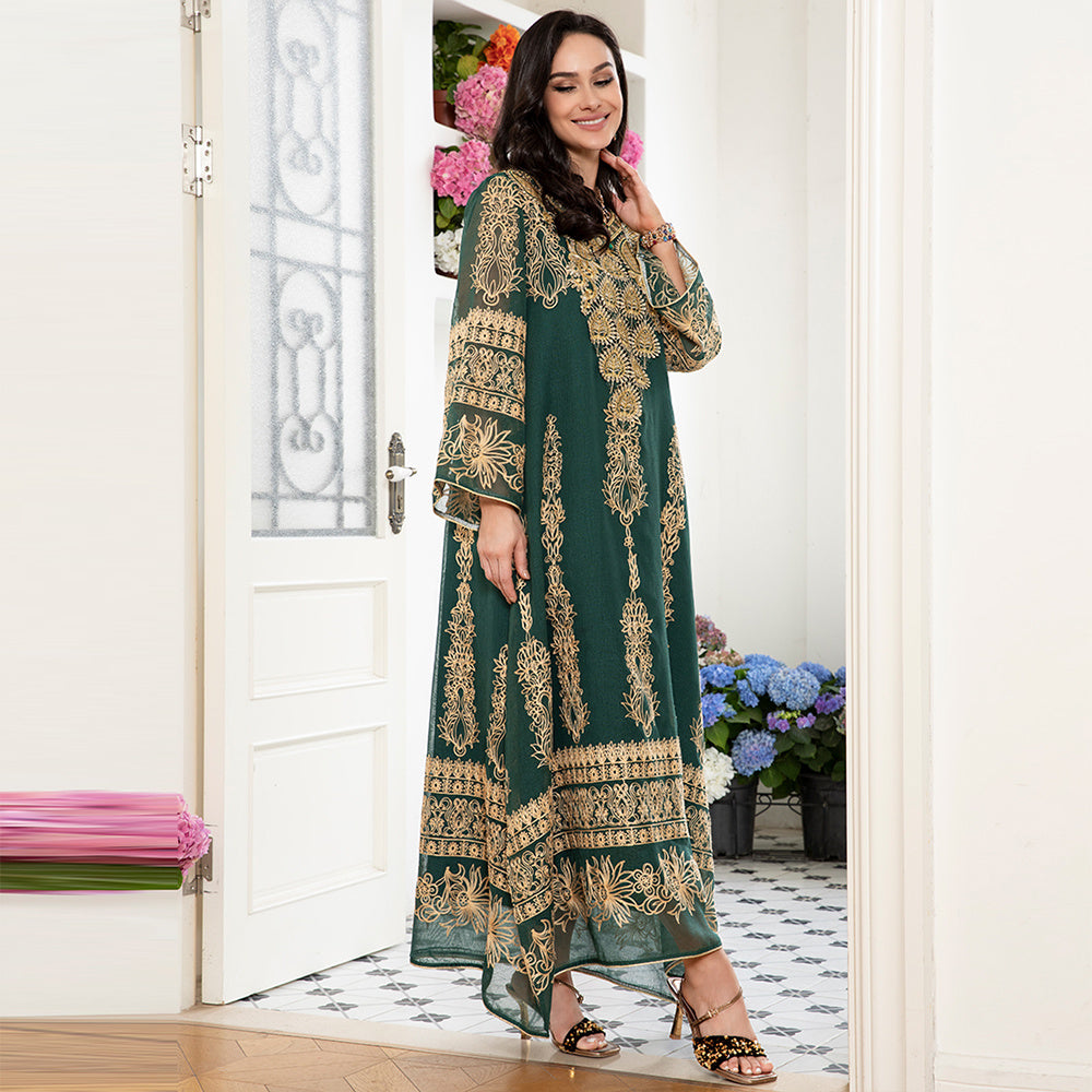 Celebrity Style Elegant Style V-neck Jacquard Flowers Luster Embroidery Applique Flared Sleeve Kaftan