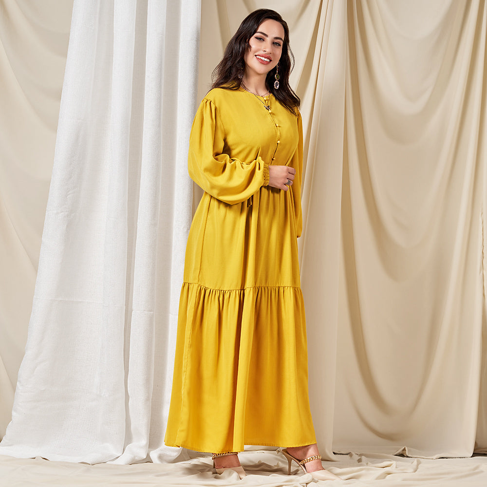 Classical Round Neck Solid Color Belt Buttons Regular Sleeve Long Dresses