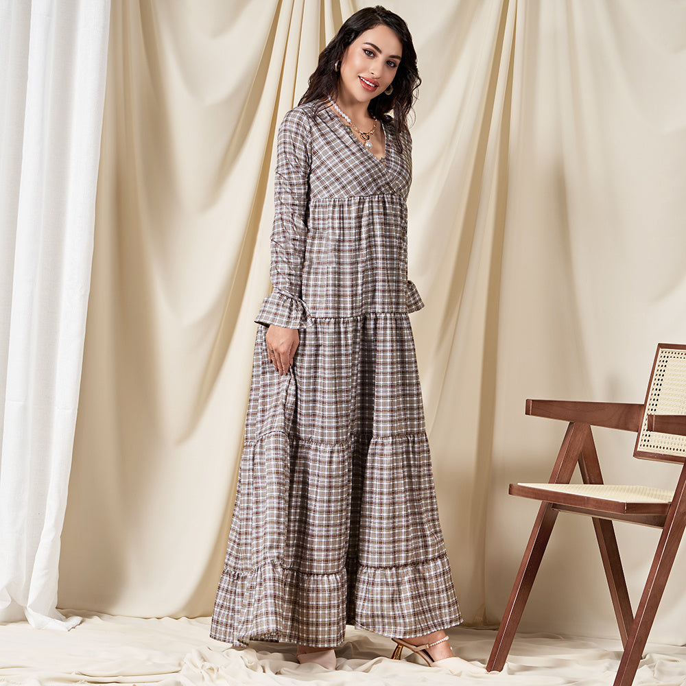 Classical V-neck Plaid Splicing Flared Sleeve Long Dresses Coffee