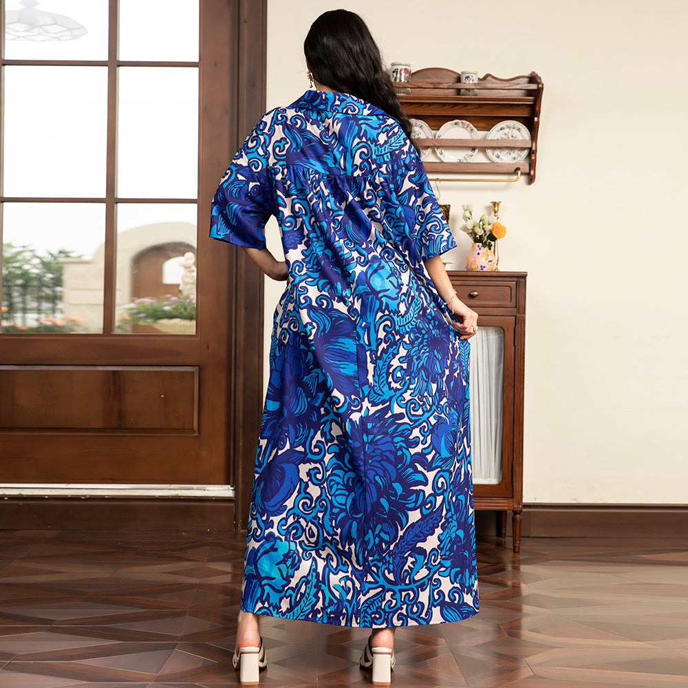 Holiday Style Lapel Flowers Pocket Buttons Regular Sleeve Long Dresses